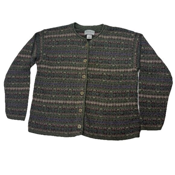 Eddie Bauer Womens L Green Multicolor Fair Isle Long Sleeve Cardigan Sweater - Picture 1 of 5